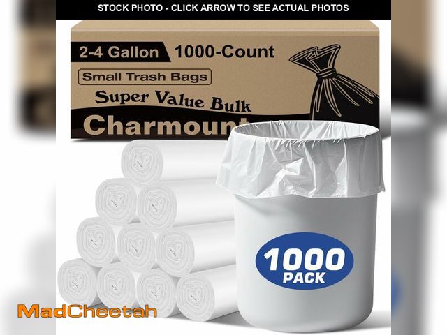 Lot 74-14265700 - Charmount Small Trash Bags 2-4 Gallon 1000 Count, Unscented White Plastic Wastebasket Liners for Bat...