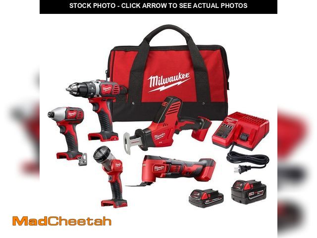 Lot 74-13614033 - Milwaukee M18 18V Lithium-Ion Cordless Combo Kit (5-Tool) with (2) Batteries, Charger and Tool Bag -...