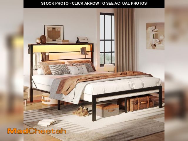Lot 74-12487894 - Bestier Full Size Bed Frame with 49.2" High LED Storage Headboard Shelf, Metal Platform Bed, Black -...