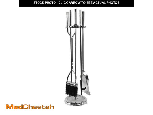 Lot 74-12783045 - ACHLA DESIGNS 30 in. Tall 5-Piece Chrome Neoclassic Fireplace Tool Set with Round Base - UNUSED