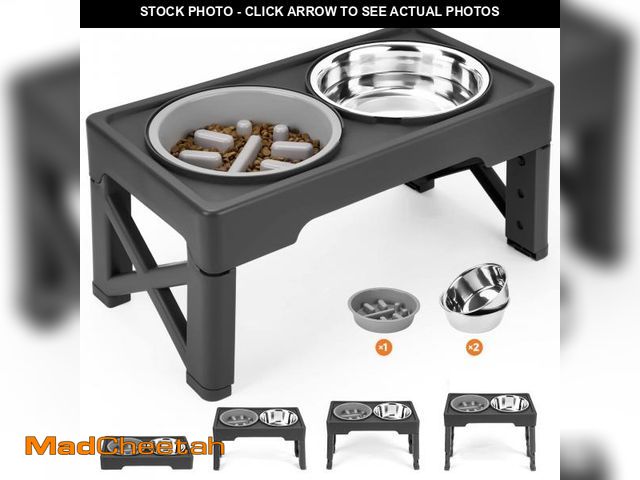 Lot 74-11549383 - Elevated Dog Bowls with Slow Feeder, 4 Adjustable Heights Raised Dog Bowl Stand with Two 1.3L Stainl...