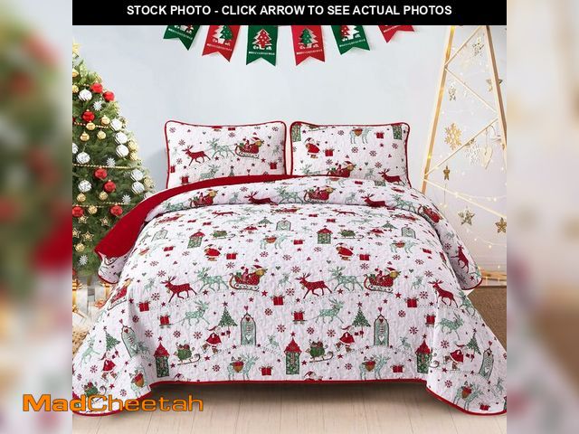 Lot 74-13542168 - DJY Christmas Quilt Set Queen Size Reindeer Snowflake Sleigh 3 Piece Quilted Bedding Set, Red White ...