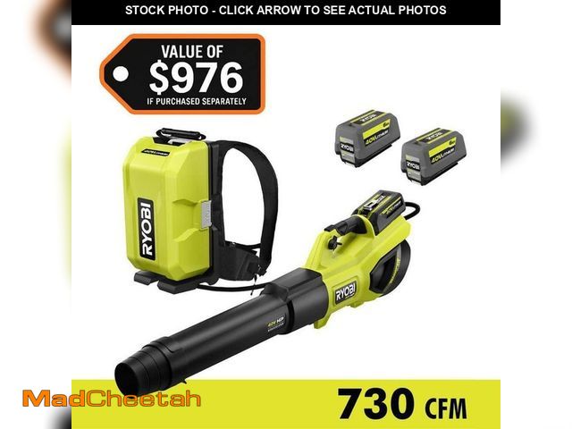 Lot 74-12988493 - RYOBI 40V HP Brushless Whisper Series 190 MPH 730 CFM Leaf Blower and Backpack Battery w/ (2) 6.0 Ah...