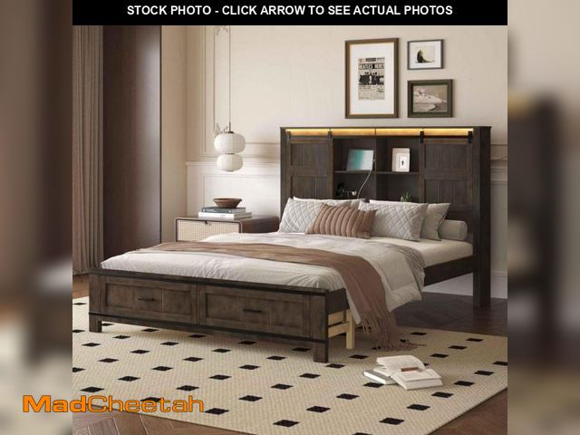 Lot 74-12173134 - Polibi Antique Brown Wood Frame Queen Size Platform Bed with Barn Door Design Headboard, USB and 2-D...