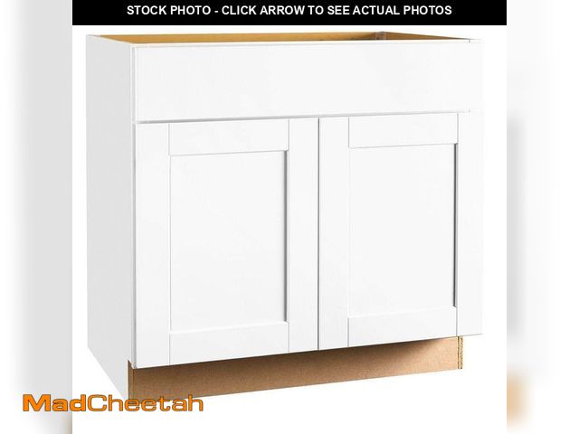 Lot 74-13512354 - Hampton Bay Shaker 36 in. W x 24 in. D x 34.5 in. H Assembled Sink Base Cabinet in Satin White - UNU...