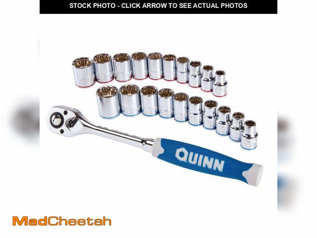 Lot 74-14082312 - QUINN 1/2 in. Drive SAE &amp; Metric Chrome Socket and Ratchet Set â 21 Pc. â Item 64538 - UNUSE...