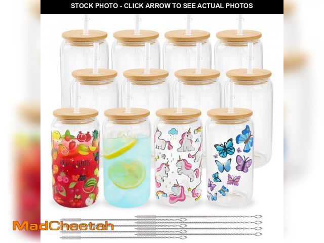 Lot 74-11629332 - Joyclub 12 Pack Sublimation Glass Cups Blanks with Bamboo Lid 16 OZ Clear Glass Beer Cans Mason Jar ...