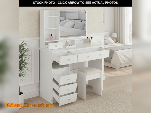 Lot 74-12640245 - Homy Casa Mory 41 in. White Makeup Vanity Set with Lighted Mirror, Power Outlet, USB Ports, 7-Drawer...
