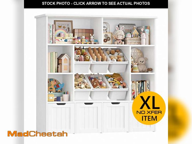 Lot 74-14324731 - Hiphuta Large 4 Tier Kids Bookcase, Wood Toy Organizer of 6 Boxes &amp; 4 Removable Drawers, Bookshe...