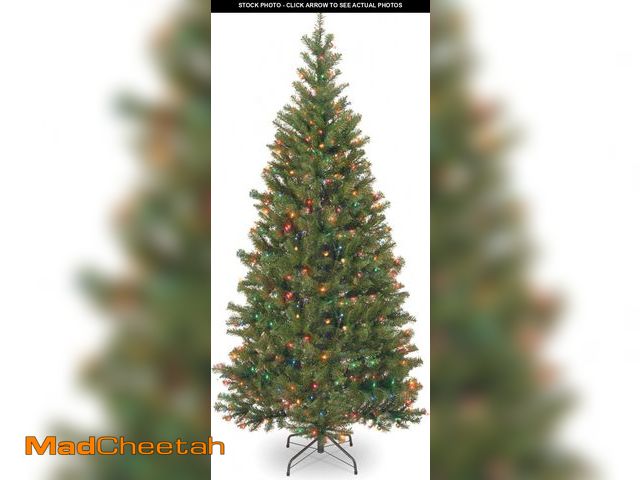 Lot 74-12097299 - National Tree Company Pre-Lit Artificial Slim Christmas Tree, Green, Aspen Spruce, Multicolor Lights...