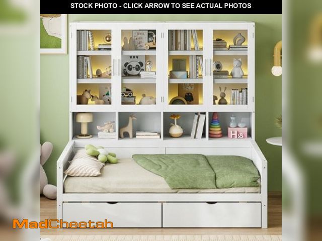 Lot 74-12131702 - Twin Size Wooden Daybed with Glass-Door Storage Cabinets, Built-in LED Lighting, Drawers and Open Sh...