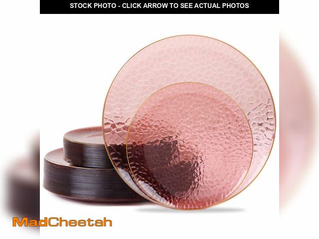 Lot 74-13583196 - Hioasis 60pcs Burgundy Plastic Plates - Gold Rimmed Disposable, Hammered, Heavy-duty Dinnerware Set ...