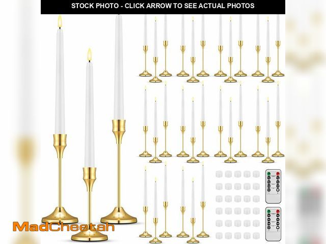 Lot 74-12497114 - 60 Pcs Gold CandleHolders with LED Flameless Taper Candles Include 30 Battery Operated Flickering Ca...