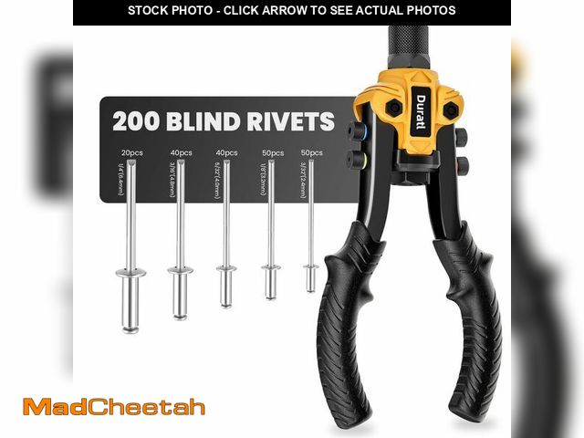 Lot 74-14379905 - Duratl Rivet Gun, 1/4 Pop Rivet Gun Kit with 200 Blind Rivets, 5 Interchangeable Rivet Heads (3/32",...