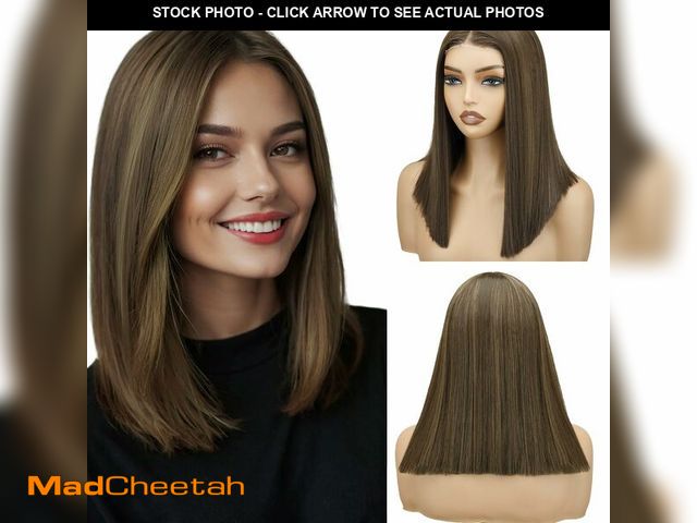 Lot 74-14151040 - NOSTALGIA Brown Highlight Bob Wig for Women, 14 Inch Glueless Synthetic Lace Front Wig, Pre Cut Pre ...