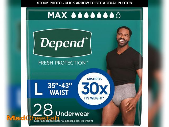 Lot 74-12305504 - Depend Fresh Protection Adult Incontinence Underwear for Men, Disposable, Maximum, Large, Grey, 28 C...
