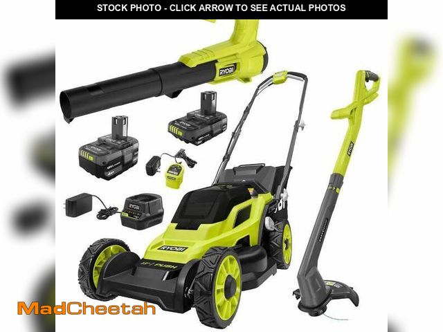 Lot 74-12920552 - *MISSING BATTERY AND CHARGER* RYOBI ONE+ 18V 13 in. Cordless Battery Push Lawn Mower, String Trimmer...