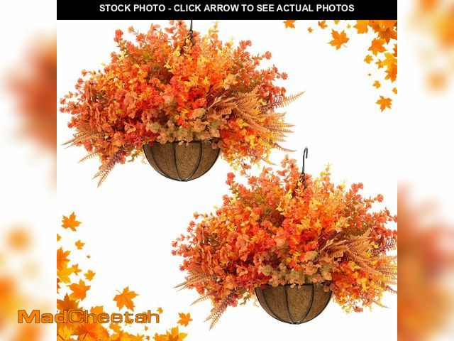 Lot 74-12717835 - Thiccywoov 2 Set Fall Artificial Fake Hanging Flowers Plants with Baskets Faux Silk Flower with 28 P...