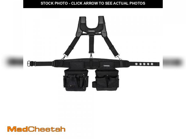 Lot 74-12537765 - (MISSING SUSPENDERS,ONE POUCH) Husky 13-Pocket Electrician Tool Belt W/ Suspenders Black HD00146 - U...
