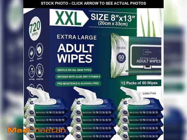 Lot 74-12677744 - Adult Wipes For Elderly - 8"x13" 720ct (12 Packs of 60) Huge &amp; Soft Non-Flushable Body Wipes for...