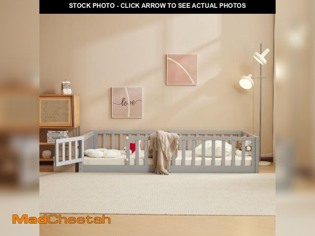 Lot 74-12479683 - Ktaxon Montessori Full Floor Bed With Safety Guardrails Toddler Bed Frame For Kids Wood Frame - Gray...