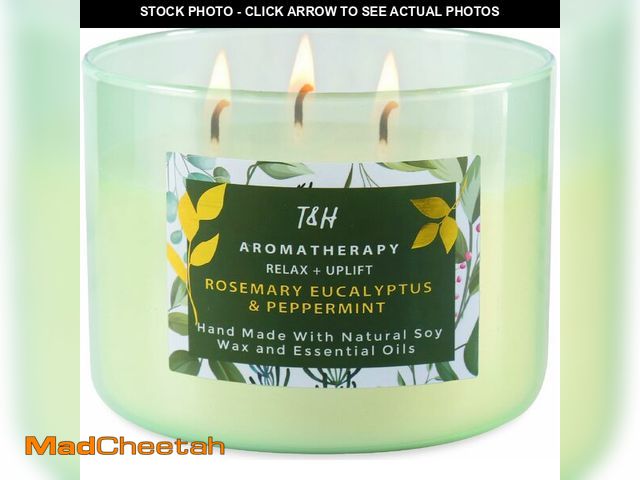 Lot 74-14339099 - Rosemary Eucalyptus Peppermint 3 Wick Candle for Home Scented | 15.8 oz Large Soy Candle | Spa Aroma...