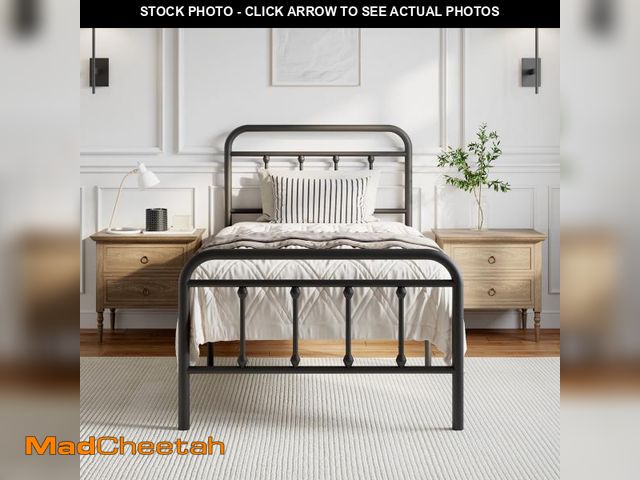 Lot 74-12482252 - Qftime Twin Bed Frame With Headboard Vintage Style Heavy-Duty Metal Platform Bed Frame With 18 High ...
