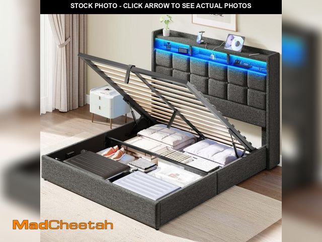 Lot 74-12516099 - Driftalia Lift Up Full Size Bed Frame with Storage, Upholstered Full Bed Frame with LED Lights Headb...