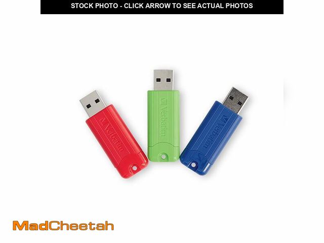 Lot 74-13549906 - Verbatim 128GB Pinstripe USB 3.2 Gen 1 Flash Drive Retractable Thumb Drive - 3 Pack - Multicolor (Gr...