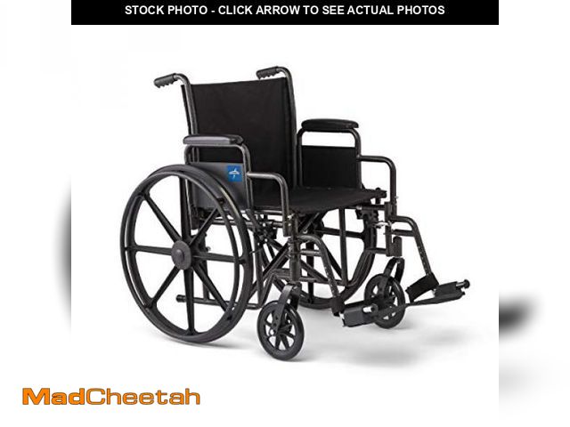 Lot 74-12029645 - Medline Comfortable Folding Wheelchair with Swing-Back Desk-Length Arms and Swing-Away Footrests, 18...