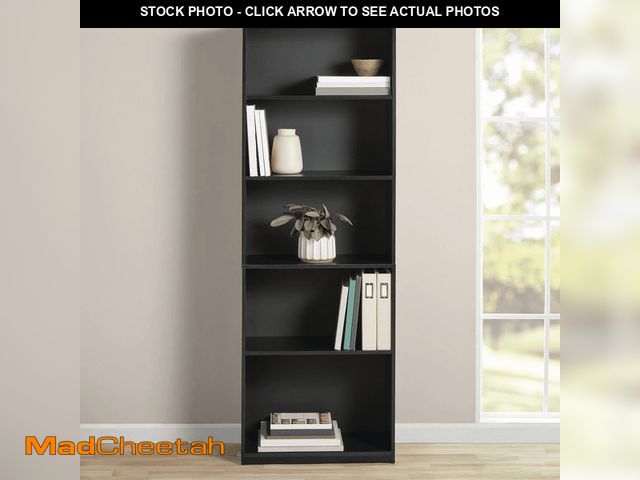 Lot 74-12556815 - (MISSING HARDWARE) Mainstays 5-Shelf Bookcase with Adjustable Shelves, True Black Oak - USED