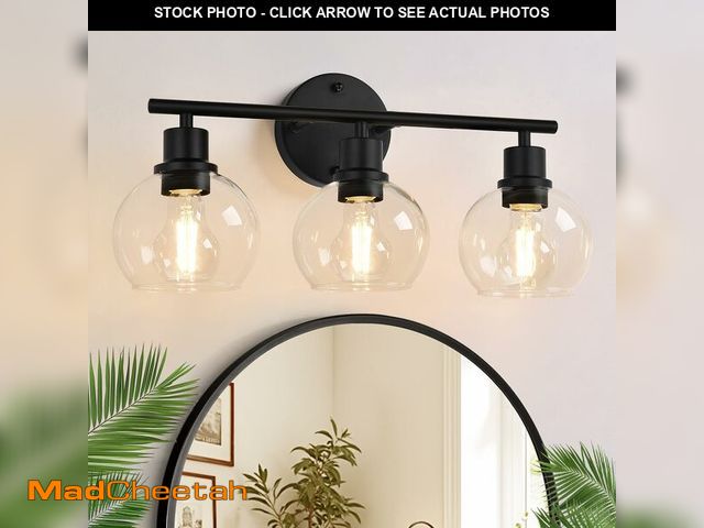 Lot 74-12603970 - Indoi 2025 Upgrade 3-Light Bathroom Light Fixtures, Black Bathroom Lights Over Mirror with Clear Gla...
