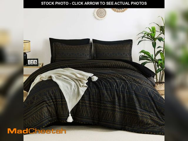 Lot 74-12707477 - WONGS BEDDING Queen Comforter Set 7 Pieces, Boho Black Gold Geometric Striped Comforter for Queen Be...
