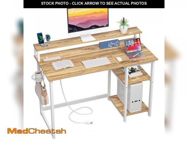 Lot 74-12523719 - GreenForest 47 inch Computer Desk with Power Outlets, Small Home Office Desk with Ergonomic Monitor ...
