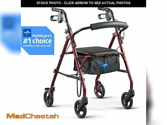 Lot 74-12760342 - Medline Steel Rollator Walker with Seat, Burgundy, 350 lb. Weight Capacity, 6" Wheels, Foldable, Adj...