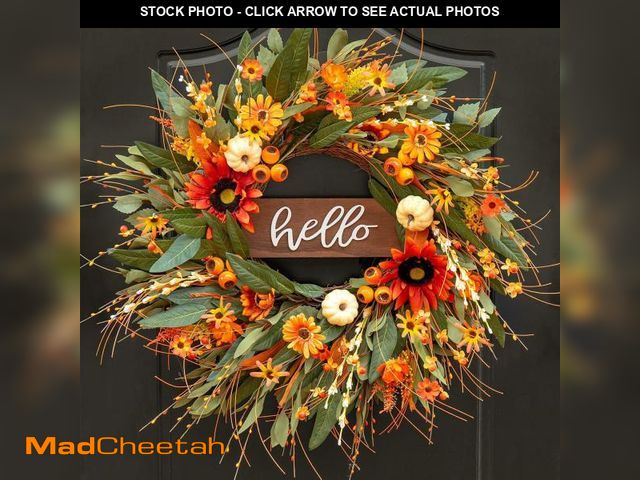 Lot 74-12322555 - 24 Inch Fall Wreaths for Front Door Outside- Pinkpuii Artificial Autumn Wreath with Sunflowers,Pumpk...