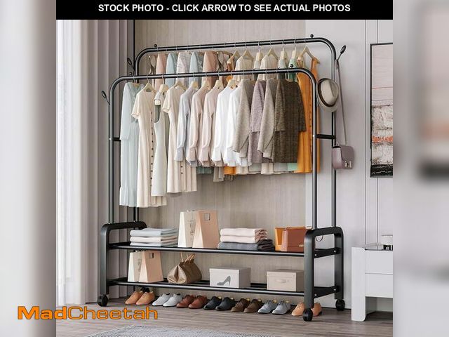 Lot 74-12549881 - Double Rods Clothes Rack With Wheels, Portable Clothing Rack With Shelves &amp; Hooks, Heavy Duty Ga...