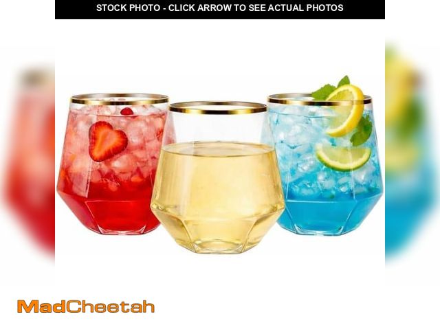 Lot 74-14251020 - Oojami 40 count Diamond 12 Ounce Gold Rim Cups Unbreakable Stemless Plastic Wine Champagne Whiskey G...