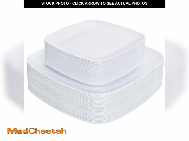 Lot 74-12880901 - PULOTE 60PCS White Square Plastic Plates Disposable - Heavy Duty Party Plates Include 30 Dinner Plat...