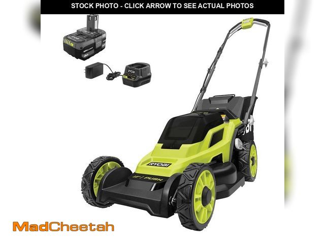 Lot 74-12890799 - *DIRTY/MOWER ONLY* RYOBI ONE+ 18V 13 in. Cordless Battery Walk Behind Push Lawn Mower with 4.0 Ah Ba...