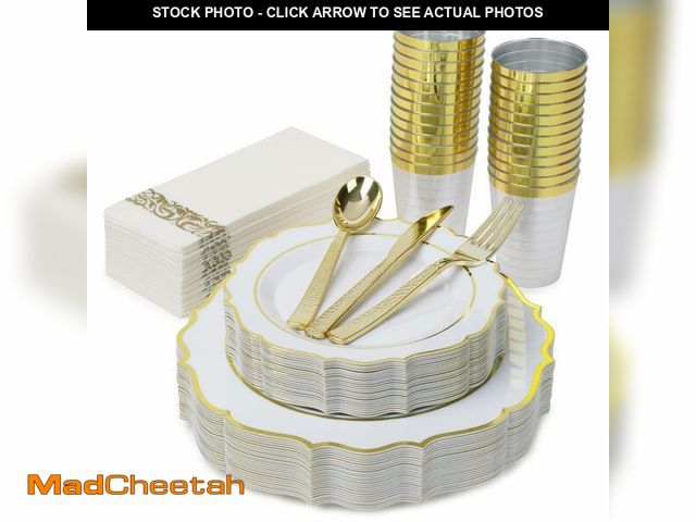 Lot 74-12716172 - PREM-QUAL Fancy Disposable Plates - White and Gold Plastic Plates for Party 50 Disposable Plates for...