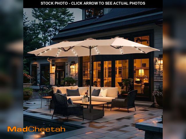 Lot 74-14603851 - SUMMIT LIVING 15ft Double-Sided Solar Patio Umbrella with Base (Included) Large Outdoor Umbrella wit...