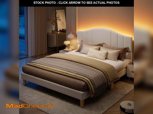 Lot 74-12550183 - Pinmoco Queen Upholstered Bed Frame with Adjustable Arc-shaped Headboard, LED Platform Bed, Beige Fa...