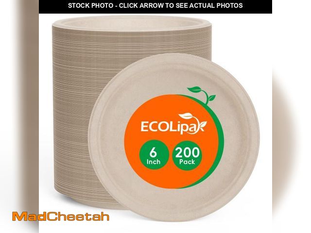 Lot 74-12305958 - ECOLipak 6 Inch Disposable Compostable Small Paper Plates, 200 Pack Recycled Sugarcane Bagasse Biode...