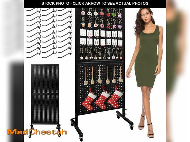 Lot 74-13836246 - Royxen 2 x 5.5 Feet Pegboard with 30 Hooks, Pegboard Display with Wheels, Standing Pegboard Display,...