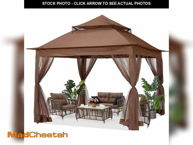 Lot 74-14260605 - ABCCANOPY 11'x11' Gazebo Tent Outdoor Pop up Gazebo Canopy Shelter with Mosquito Netting, Brown - UN...