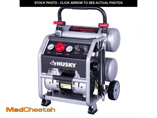 Lot 74-12535084 - Husky 4.5 Gal. 175 PSI Portable Electric Oil-Free Quiet Twin Stack Jobsite Air Compressor w/Rubber W...