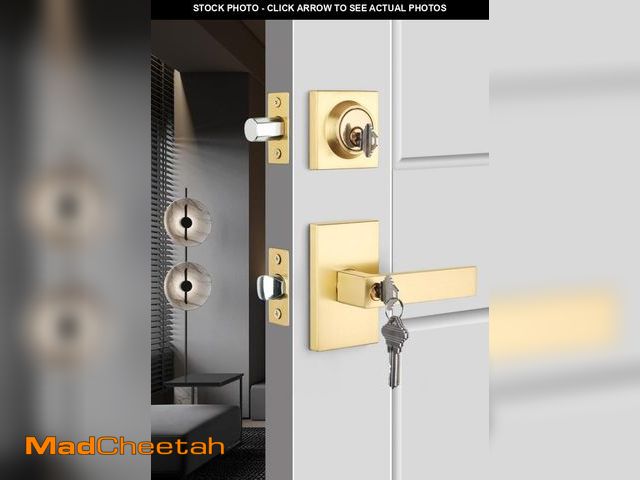 Lot 74-11550562 - goldenwarm Gold Door Handle with Deadbolt, Square Contemporary Brushed Gold Exterior Door Lock Set w...