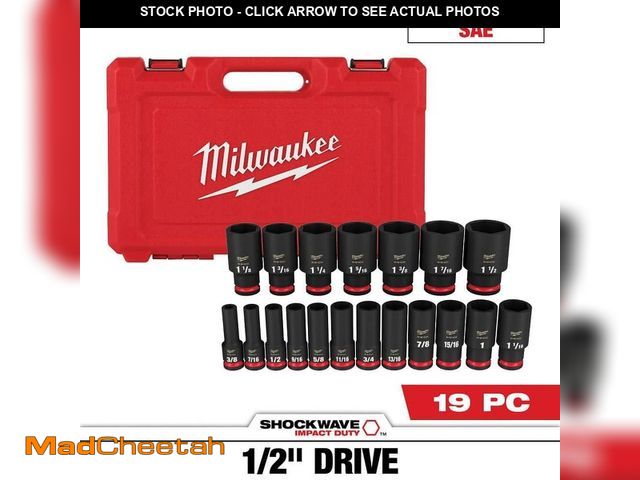 Lot 74-12535373 - Milwaukee SHOCKWAVE 1/2 in. Drive SAE 6 Point Impact Socket Set (19-Piece) - UNUSED