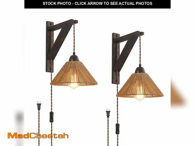 Lot 74-12716896 - SEEBLEN Boho Plug in Wall Sconce Set of 2,Farmhouse Wall Lights for Bedroom with Rattan Shade and Wo...